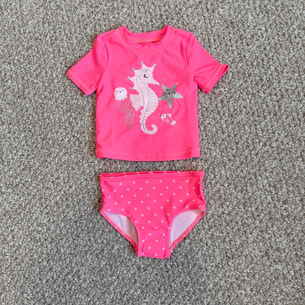 Carters Toddler Girls Size 12m Pink Polka Dot‎ Swimsuit Rash Guard Set Seahorse